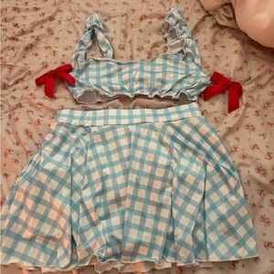 SHEIN Blue and White Gingham Ruffle Crop Top & Skirt Set with Red Bows